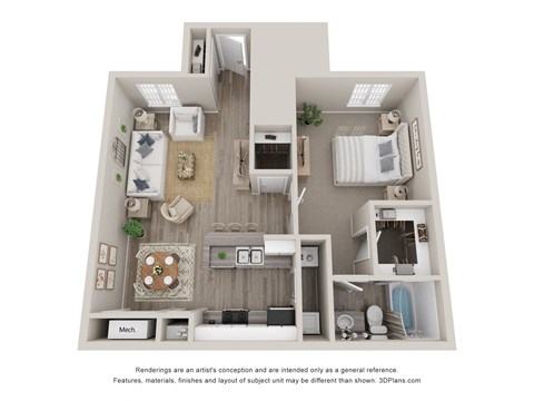 Floor plan for 1 bed, 1 bath, 1050 sqft